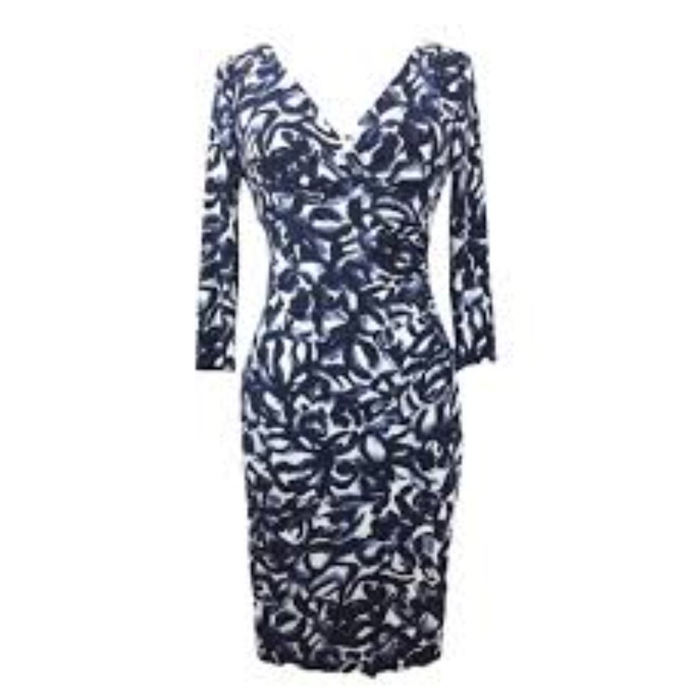 Lauren Ralph Lauren Faux Wrap Dress Blue White Abstract Print Size 4